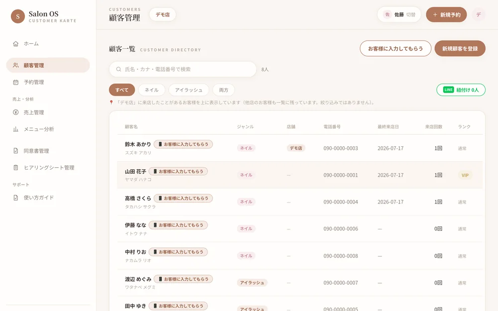 Salon OSの顧客管理画面。顧客一覧に来店回数・ランク・LINE紐付け状況が並ぶ